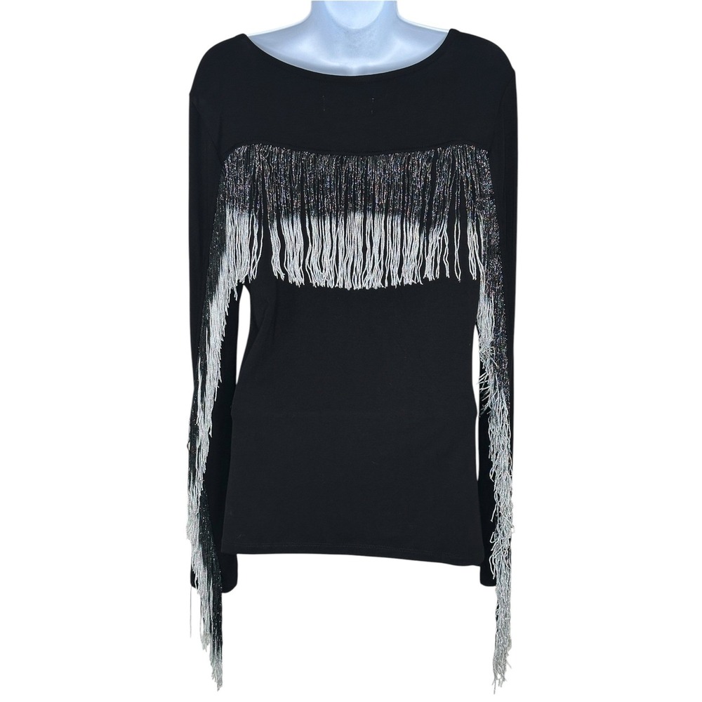 Idyllwind Top Large Black Metallic Fringe Long Sleeve Ruched V-Neck Western Boho